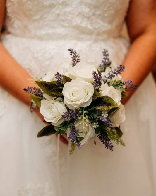 Faux Bridal Bouquet - Ivory Roses & Lavender